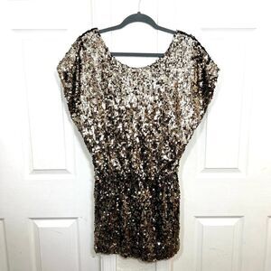 Y2K Arden B Gold Sequin Mini Dress Drape Top Bodycon Skirt Dolman Sleeve Size S